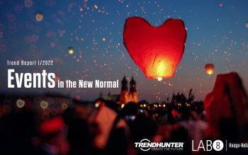LAB8 trend report cover. A heart-shaped paper lantern floating to the sky above a crowd of people.