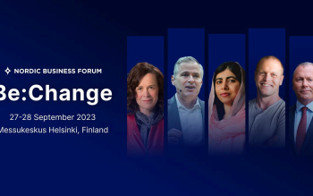 Kuvassa on teksti: Nordic Business Forum - Be change - 27-28 September 2023 - Messukeskus Helsinki, Finland